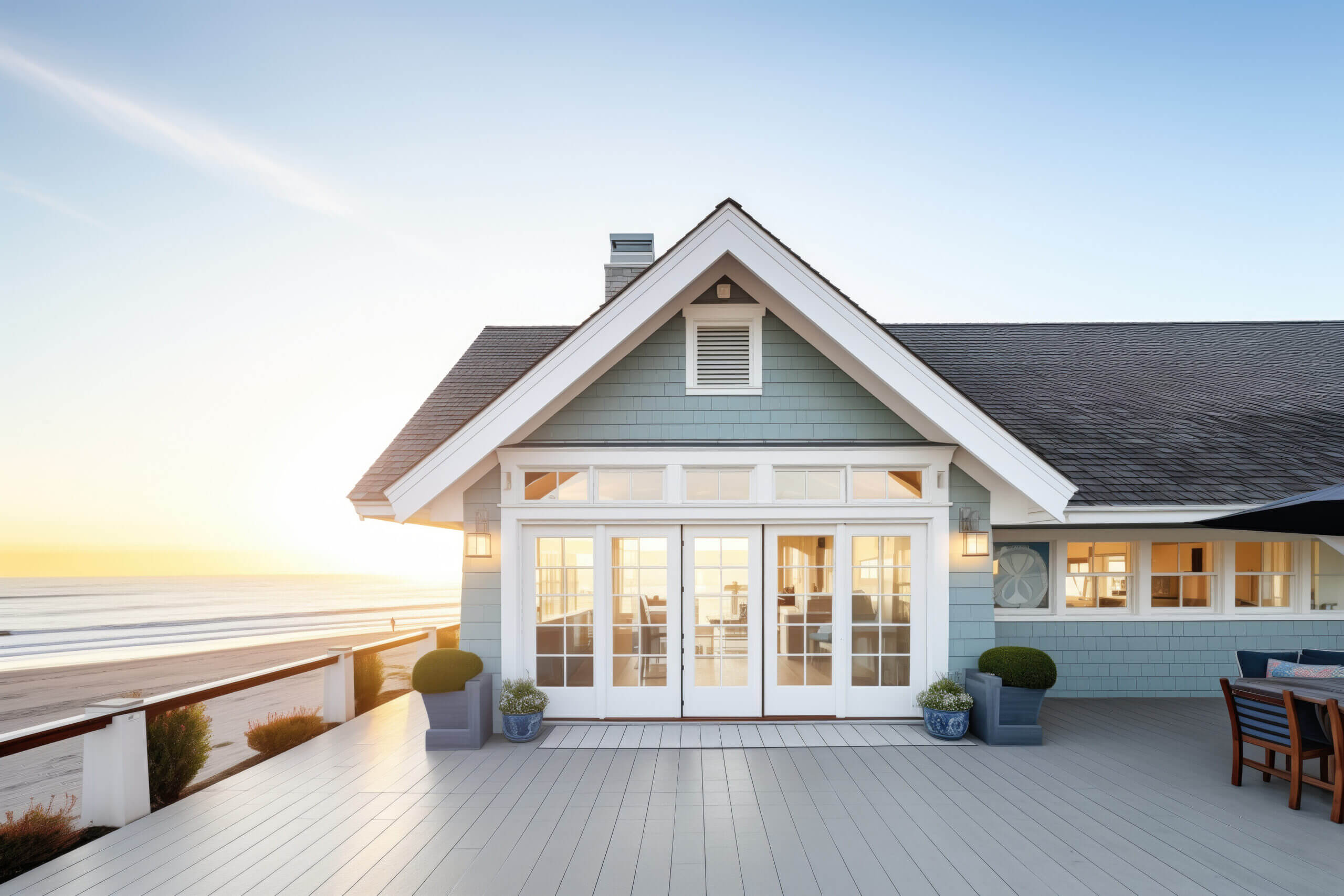 Modern single family home with large windows and landscaped front yard at sunset