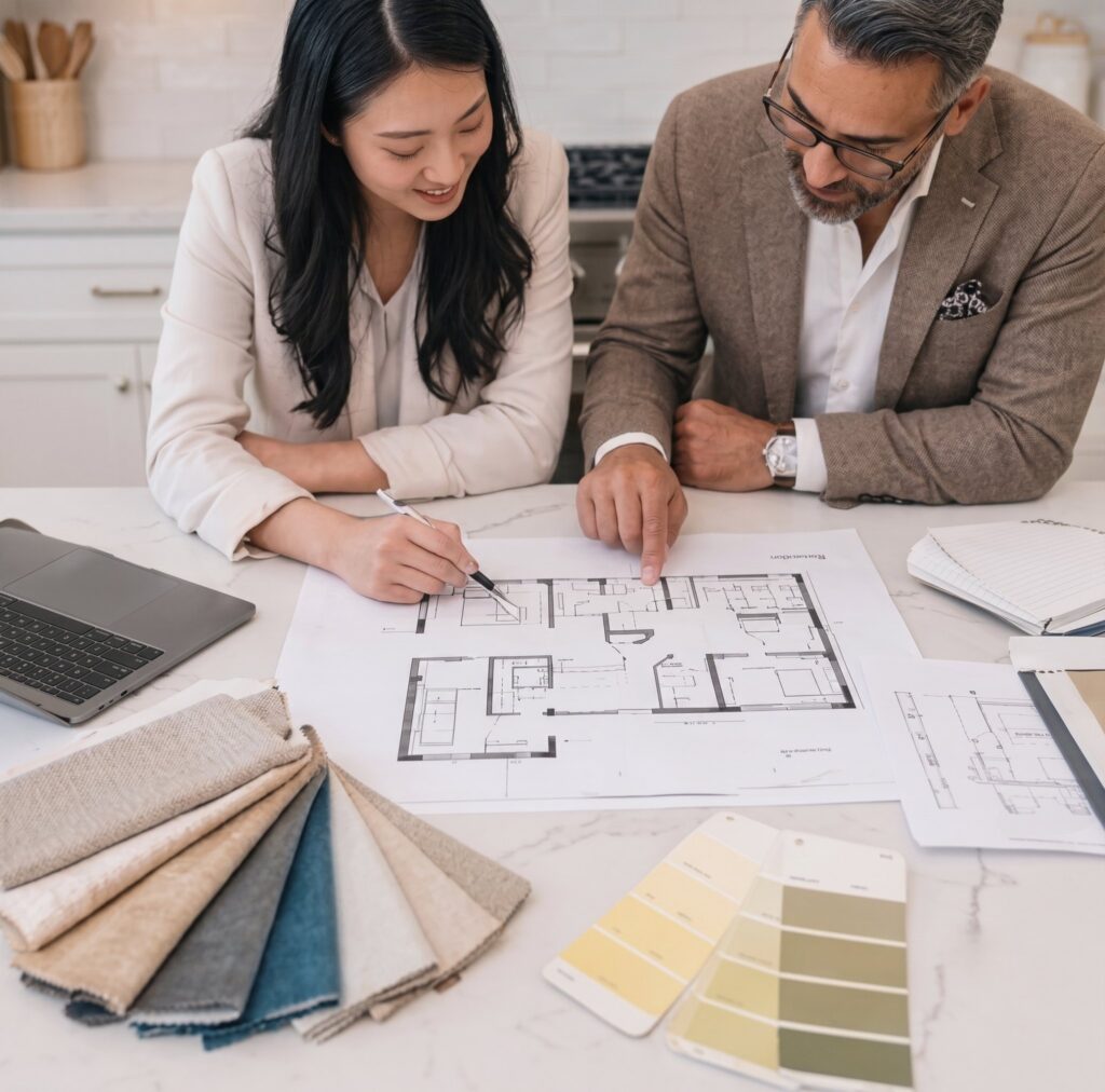 Home Design and Property Preparation Consultation Real estate professionals reviewing home design plans, staging ideas, and renovation selections during a property consultation.