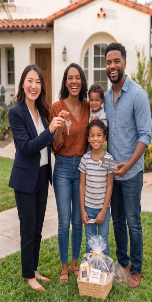 New Homeowners Receiving Keys in San Diego Happy family receiving house keys from a San Diego real estate agent after purchasing a new home.