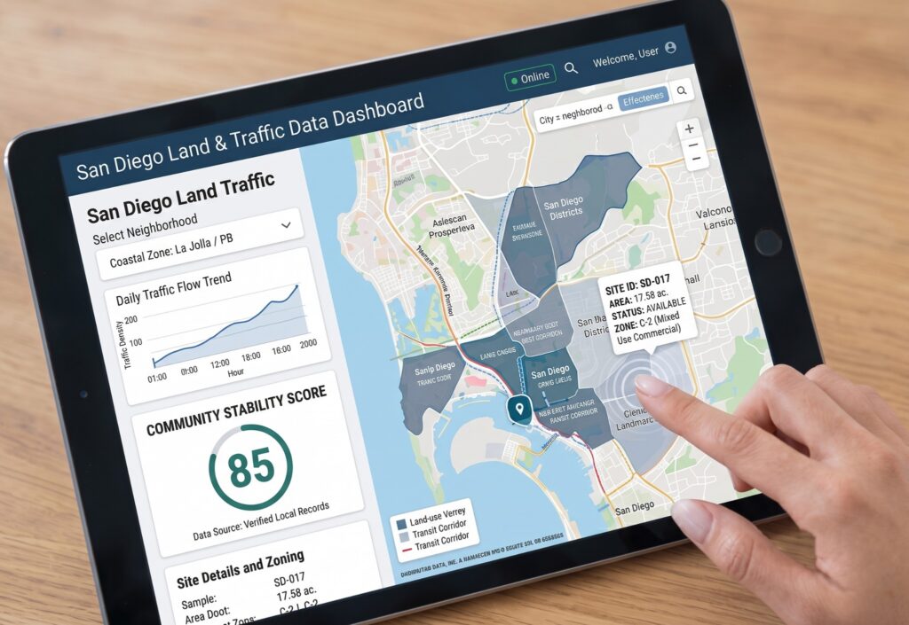 San Diego Real Estate Market Analysis Dashboard San Diego real estate market dashboard displaying neighborhood maps, zoning information, traffic data, and community insights.