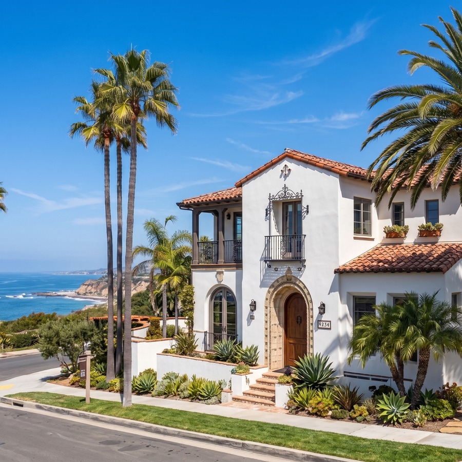 Luxury Spanish Style Home in San Diego Luxury Spanish style home in San Diego with palm trees, ocean views, red tile roof, and landscaped entrance.